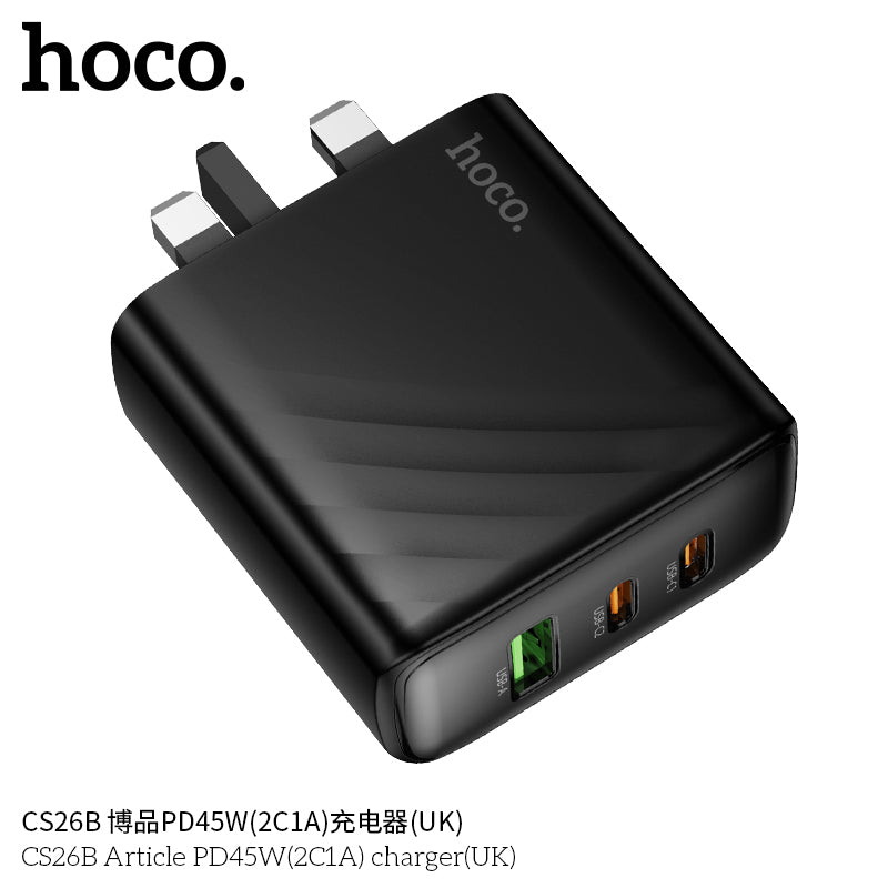 Hoco CS26B PD45W 3-Port Wall Charger (UK Plug) – 2x USB-C + 1x USB-A