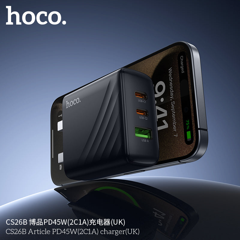 Hoco CS26B PD45W 3-Port Wall Charger (UK Plug) – 2x USB-C + 1x USB-A
