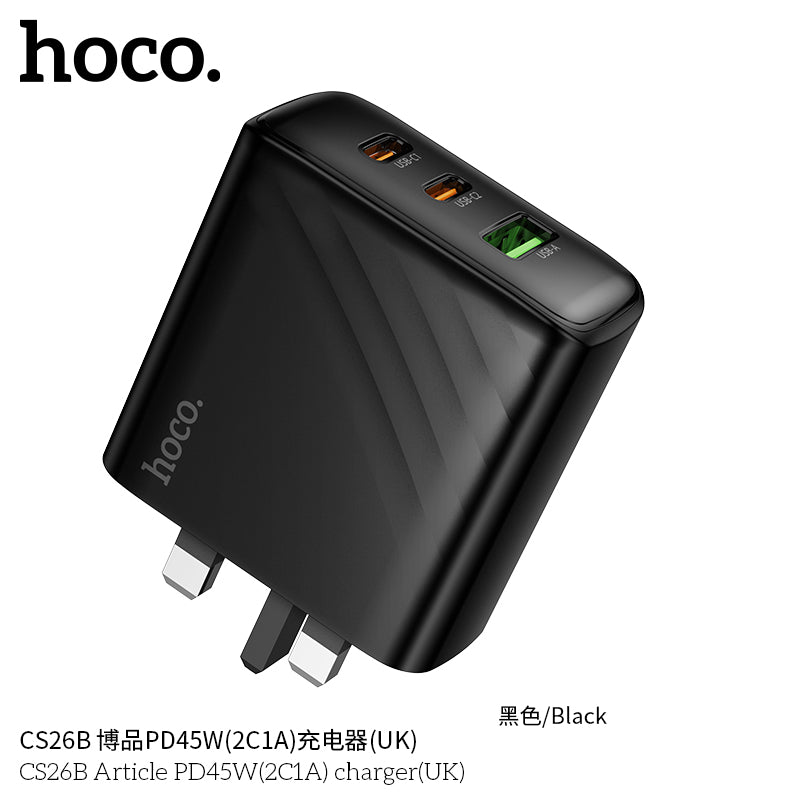 Hoco CS26B PD45W 3-Port Wall Charger (UK Plug) – 2x USB-C + 1x USB-A