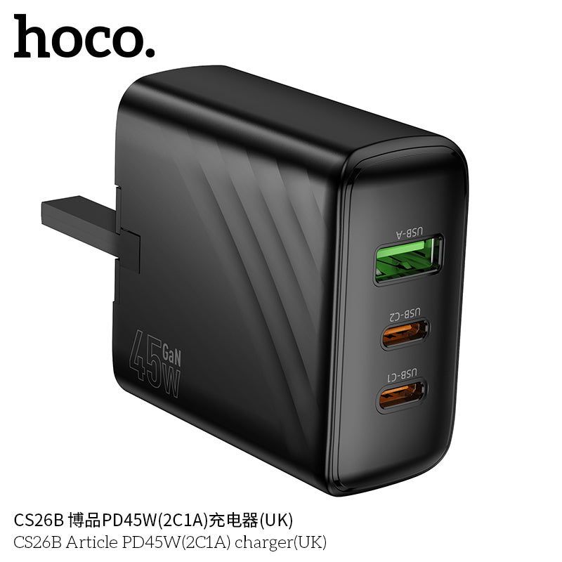 Hoco CS26B PD45W 3-Port Wall Charger (UK Plug) – 2x USB-C + 1x USB-A
