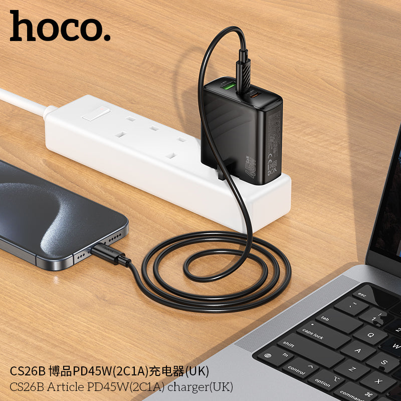 Hoco CS26B PD45W 3-Port Wall Charger (UK Plug) – 2x USB-C + 1x USB-A