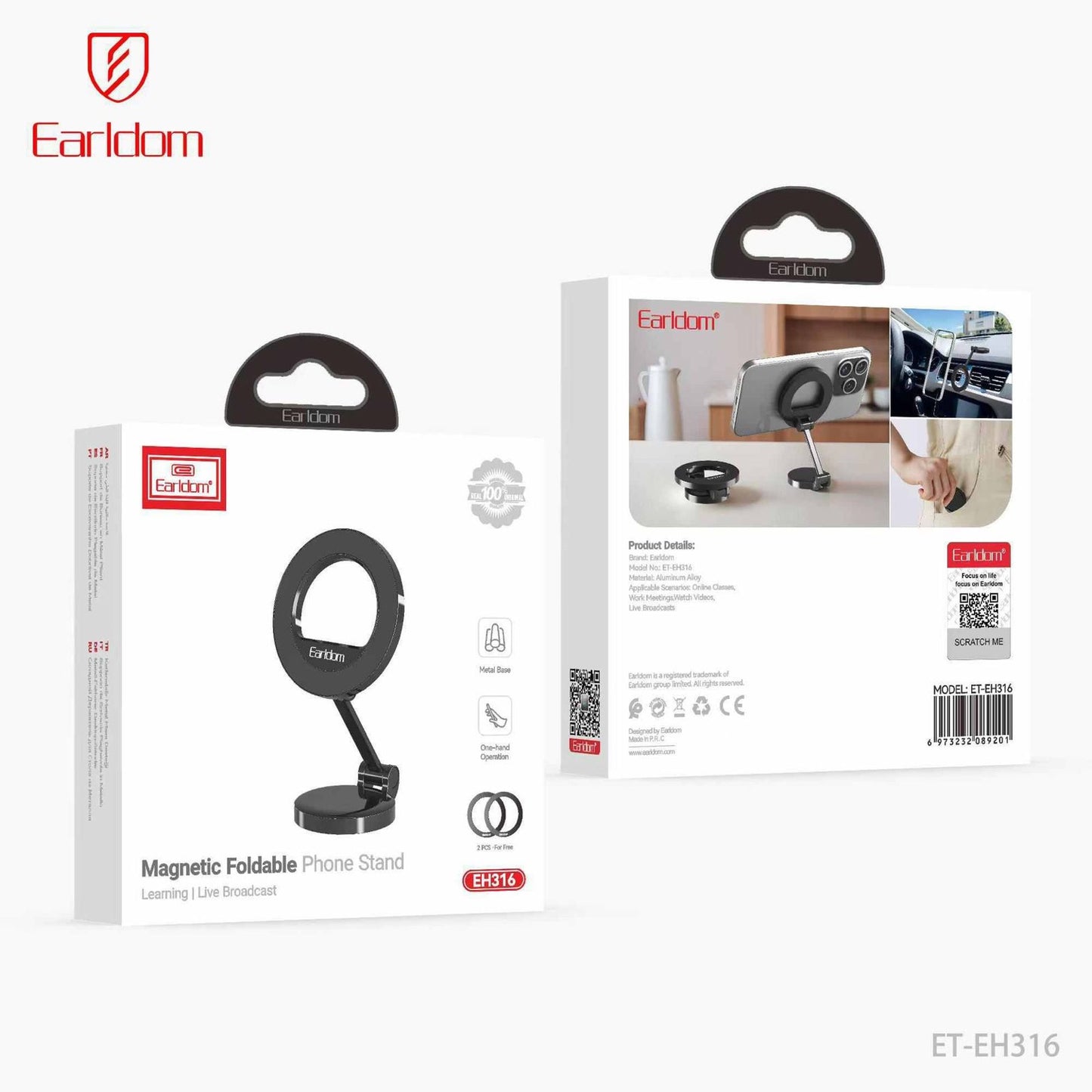 Earldom ET-EH316 Magnetic Foldable Phone Stand – 360° Adjustable Metal Base