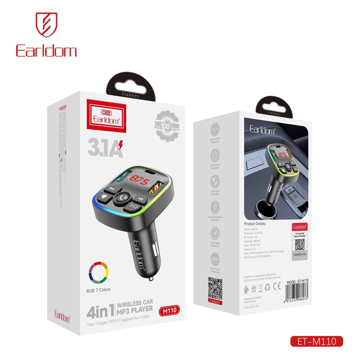 Earldom ET-M110 4-in-1 Wireless Car MP3 Player with RGB Light & Dual USB