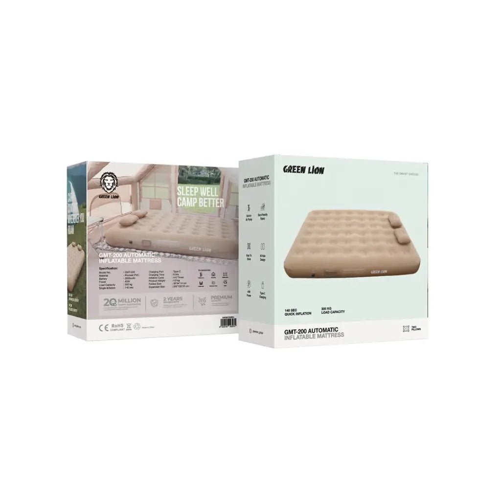 GMT - 200 Automatic Inflatable Mattress Portable Air Bed Green Lion - Beige - Saif Al Najmi KwgadgetsGreen LionSaif Al Najmi KwGMT - 200 Automatic Inflatable Mattress Portable Air Bed Green Lion - Beige