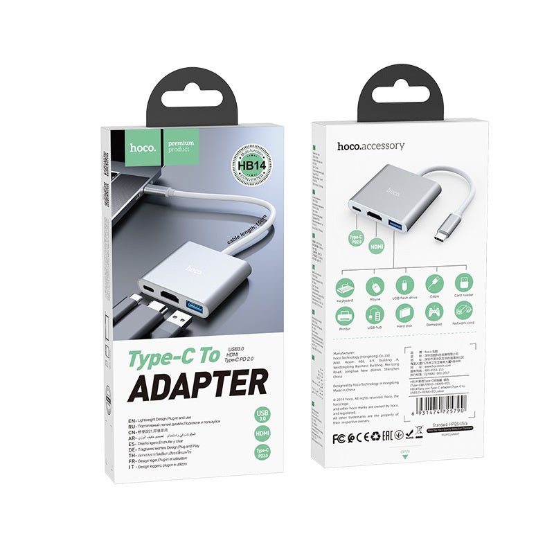 HB14 Easy use Type - C adapter(Type - C to USB3.0+HDMI+PD) - Silver - Saif Al Najmi KwOTG / ConnectorsHocoSaif Al Najmi KwHOCO HB14128926HB14 Easy use Type - C adapter(Type - C to USB3.0+HDMI+PD) - Silver - Saif Al Najmi Kw