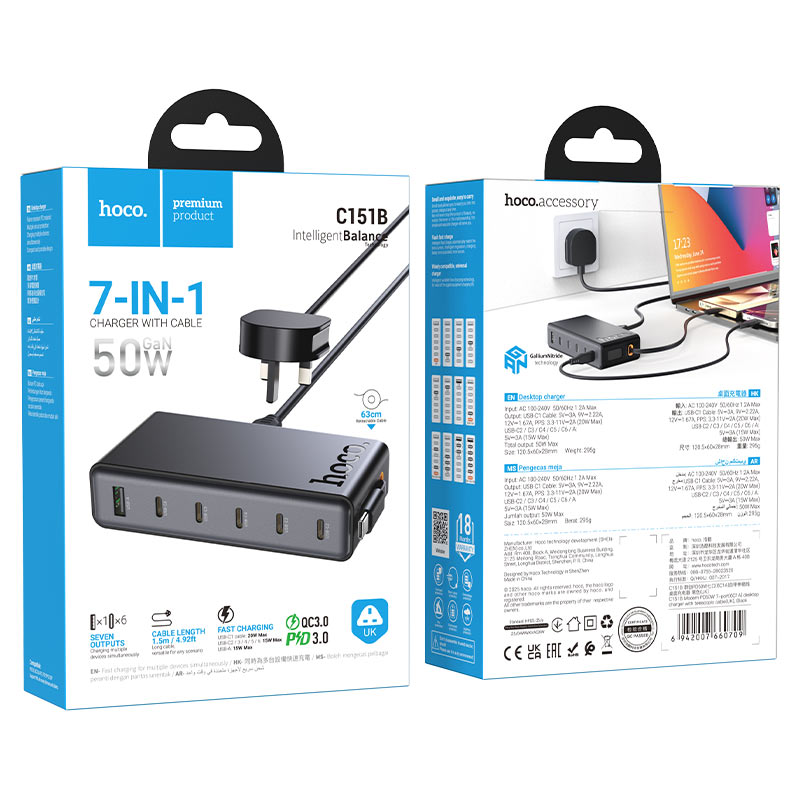 Hoco C151B Modern Charging Station – 50W PD Fast Charger, USB-C + USB-A (UK Plug)