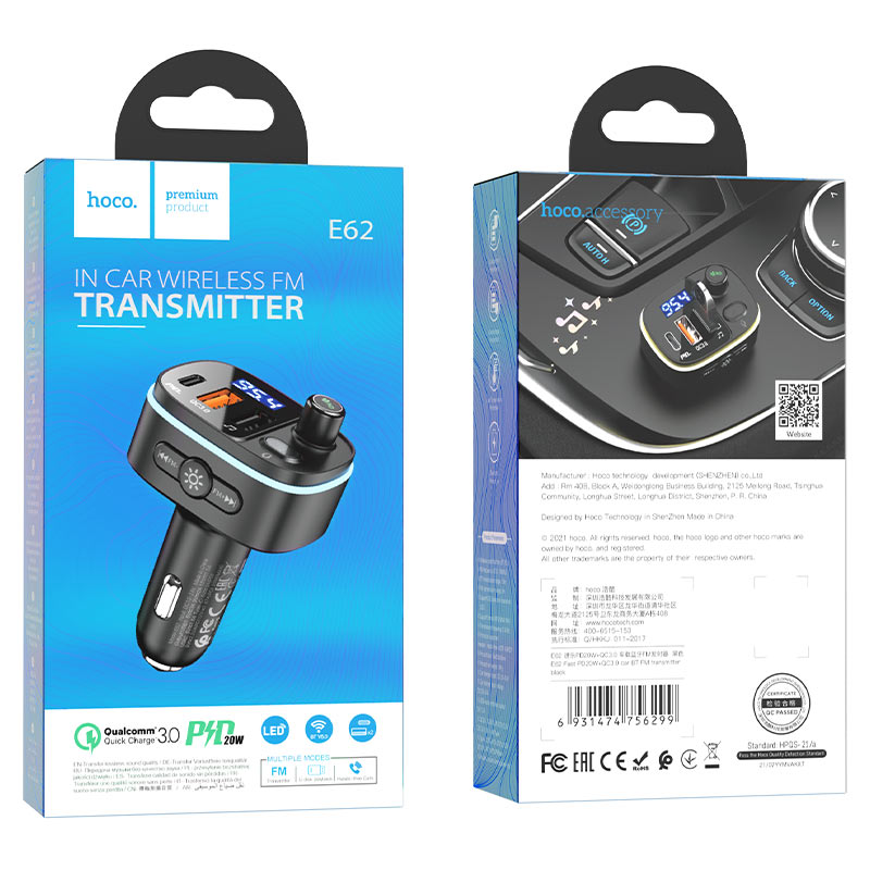 Hoco E62 Fast PD20W+QC3.0 Car Bluetooth FM Transmitter - Saif Al Najmi Kw
