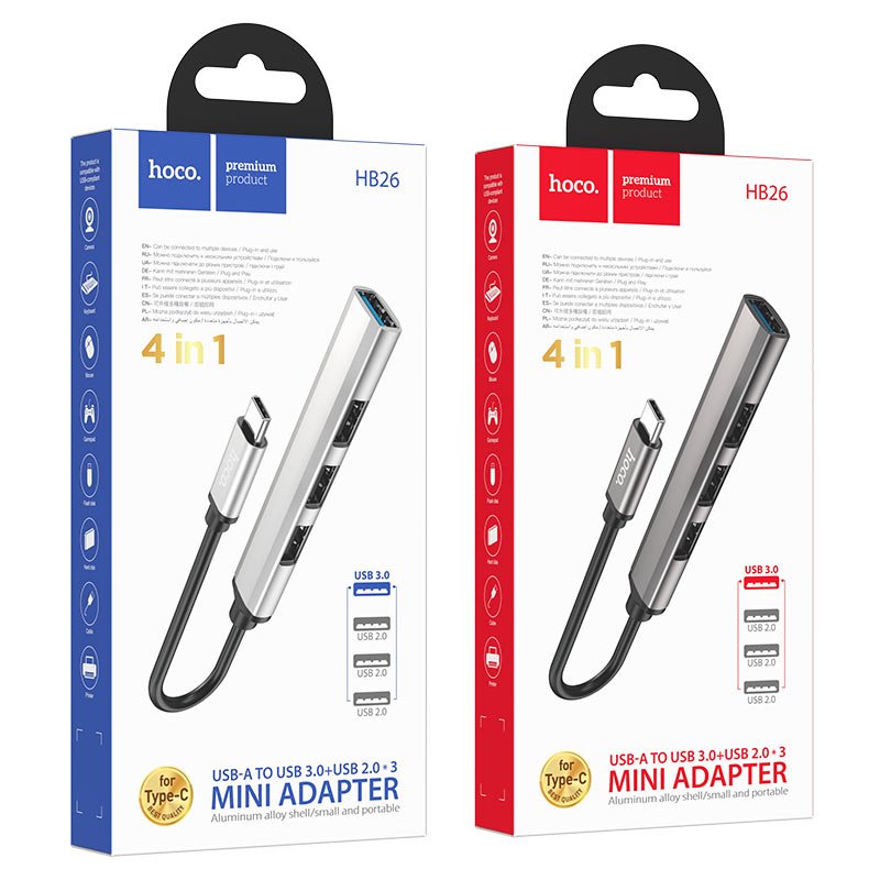 Hoco HB26 4 in 1 adapter(Type - C to USB3.0+USB2.0*3) - Saif Al Najmi KwOTG / ConnectorsHocoSaif Al Najmi KwHB27Metal GrayHoco HB26 4 in 1 adapter(Type - C to USB3.0+USB2.0*3) - Saif Al Najmi Kw