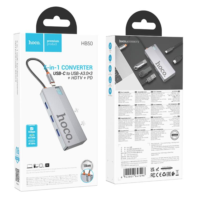 Hoco HB50 5 - in - 1 Type - C Multiport Converter – USB - C to HDMI, PD, 3x USB 3.0 Adapter - Saif Al Najmi KwUSB HubHocoSaif Al Najmi KwHoco HB50 5 - in - 1 Type - C Multiport Converter – USB - C to HDMI, PD, 3x USB 3.0 Adapter - Saif Al Najmi Kw