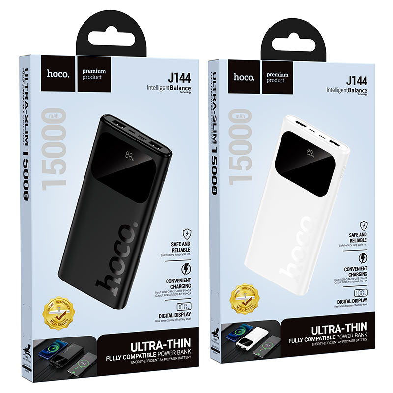 Hoco J144 15000mAh Ultra-Thin Dual USB Power Bank with Digital Display