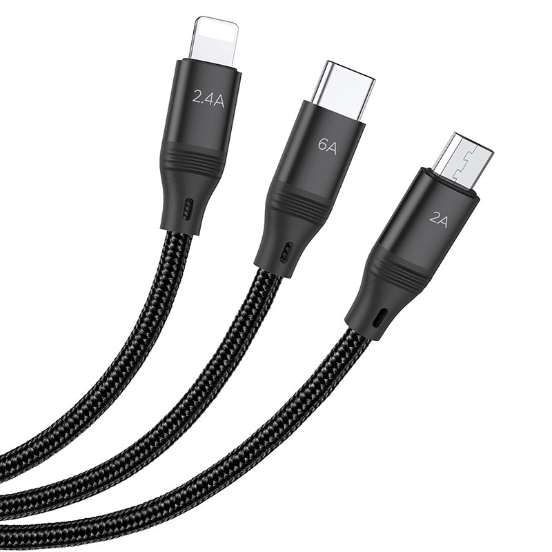 Hoco U104 3-in-1 Ultra 6A fast charging data cable(for iP+Micro+Type-C) 1.2M - Saif Al Najmi Kw