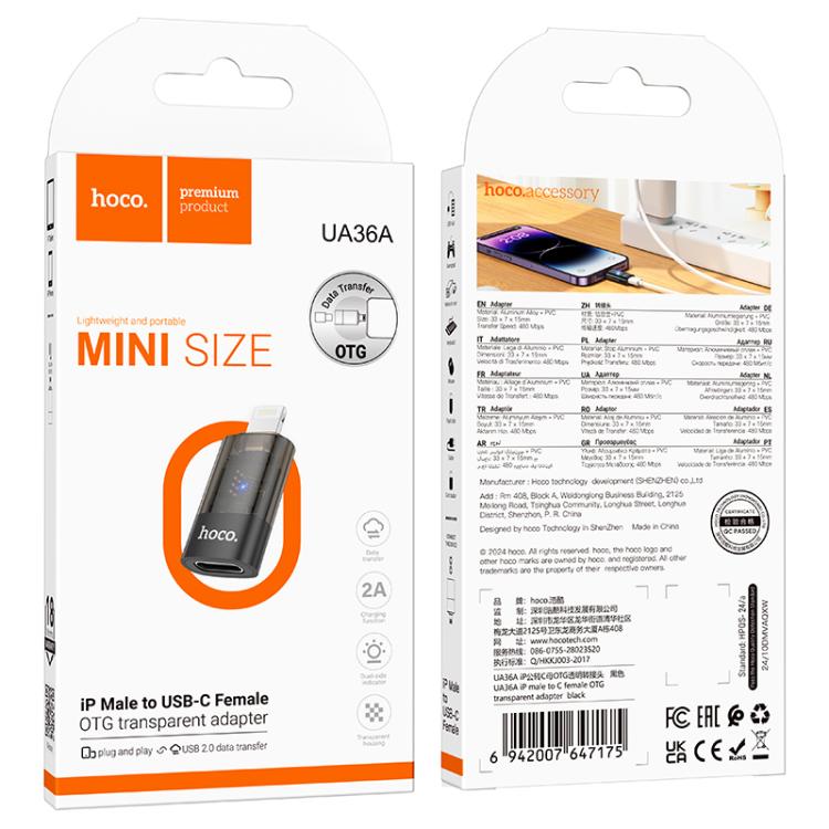 Hoco UA36A 8 Pin Male to USB - C / Type - C Female OTG Transparent Adapter – Black - Saif Al Najmi KwOTG/ConnectorsHocoSaif Al Najmi KwHoco UA36A 8 Pin Male to USB - C / Type - C Female OTG Transparent Adapter – Black