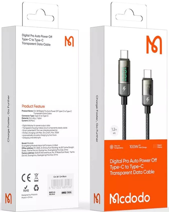 McDodo CA - 3610 USB - C to USB - C PD Cable – 100W, 1.2M, Auto Power - Off (Black) - Saif Al Najmi KwData CablesMcdodoSaif Al Najmi KwMcDodo CA - 3610 USB - C to USB - C PD Cable – 100W, 1.2M, Auto Power - Off (Black)