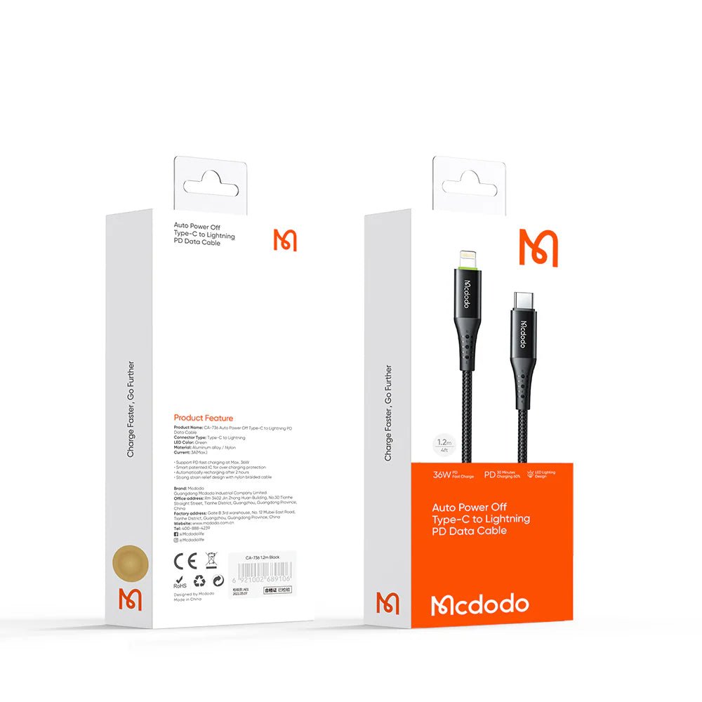 Mcdodo CA - 7360 36W Lightning to Type - C PD 1.2m Cable with Auto Power - Off - Saif Al Najmi KwData CablesMcdodoSaif Al Najmi KwMcdodo CA - 7360 36W Lightning to Type - C PD 1.2m Cable with Auto Power - Off - Saif Al Najmi Kw