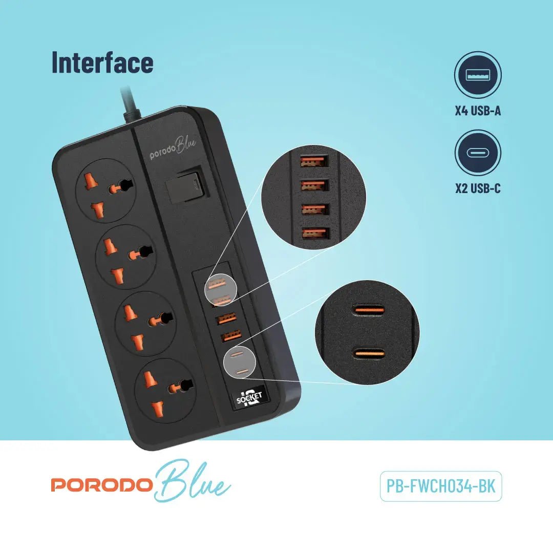 Porodo Blue 4 AC Power Strip Multi Socket Extension - Saif Al Najmi KwExtension Power SocketPorodoSaif Al Najmi KwPorodo Blue 4 AC Power Strip Multi Socket Extension