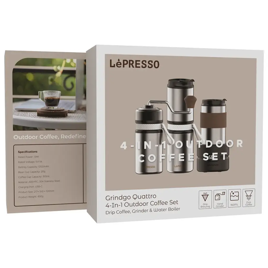 Lepresso Grindo Quattro 4-in-1 Outdoor Coffee Set — Silver