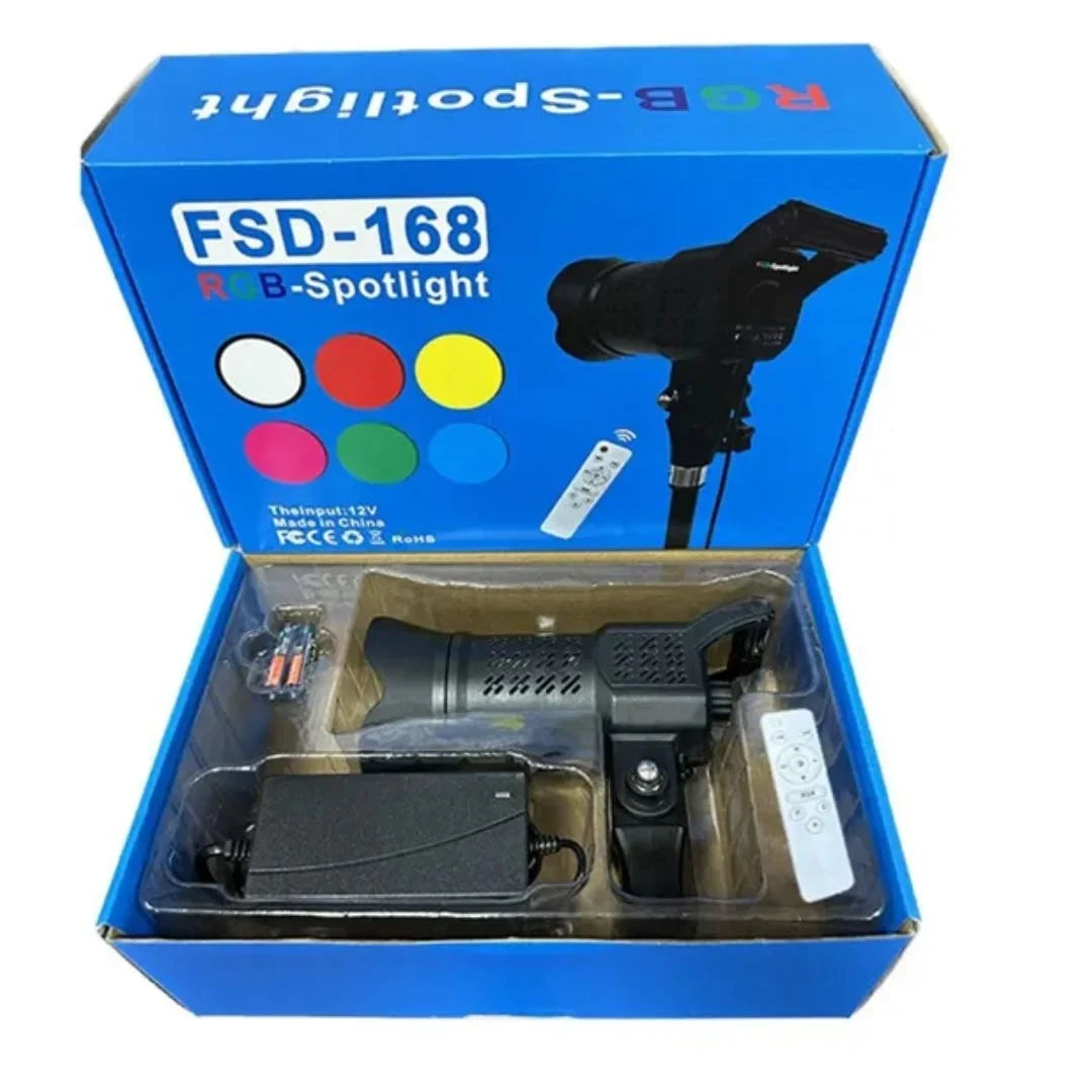 FSD-168 RGB Lighting Spotlight – Adjustable Head, Remote Control, Multi-Color Studio Light