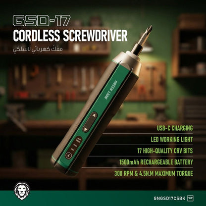 17 - in - 1 Cordless Screwdriver Set Green Lion GSD - 17 1500mAh - Black - Saif Al Najmi KwTOOLKITGreen LionSaif Al Najmi Kw17 - in - 1 Cordless Screwdriver Set Green Lion GSD - 17 1500mAh - Black