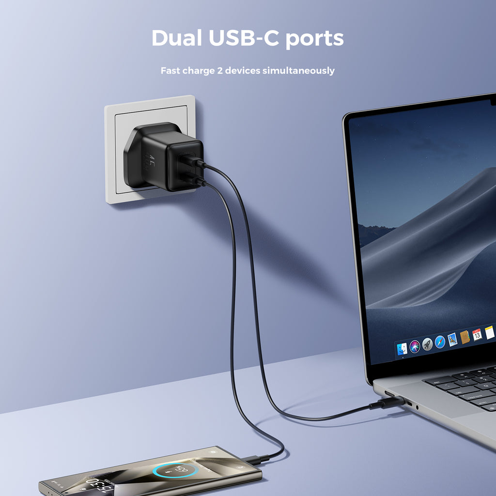Joyroom JR-TCG17 45W Dual-Port USB-C PD Charger – EU/UK (Black)