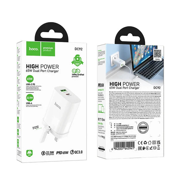 Hoco DC92 Sunlight PD 65W Dual Port (1A1C) Charger White