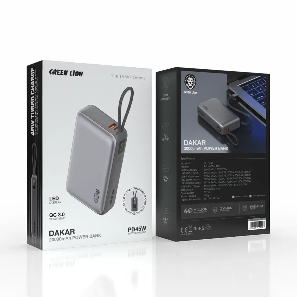 20,000mAh Power Bank Green Lion DAKAR PD 45W Fast Charging - Black - Saif Al Najmi KwPower BanksGreen LionSaif Al Najmi Kw20,000mAh Power Bank Green Lion DAKAR PD 45W Fast Charging - Black