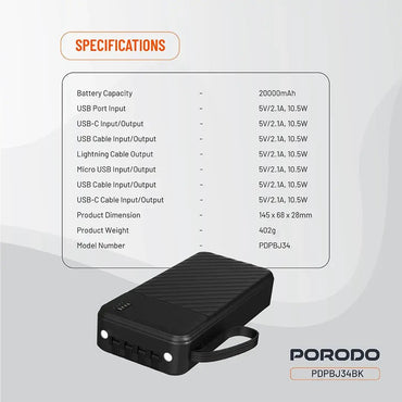 20,000mAh Power Bank Porodo Piano Built - in Cables Fast Charging - Black - Saif Al Najmi KwPower BanksPorodoSaif Al Najmi Kw20,000mAh Power Bank Porodo Piano Built - in Cables Fast Charging - Black