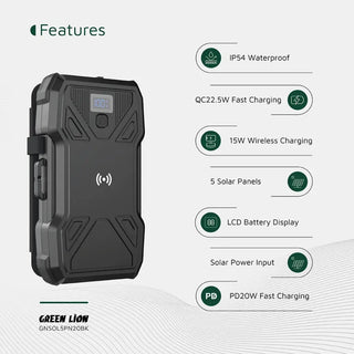 20,000mAh Solar Power Bank Green Lion 5 Panels PD20W Fast Charge - Saif Al Najmi KwPower BanksGreen LionSaif Al Najmi Kw20,000mAh Solar Power Bank Green Lion 5 Panels PD20W Fast Charge
