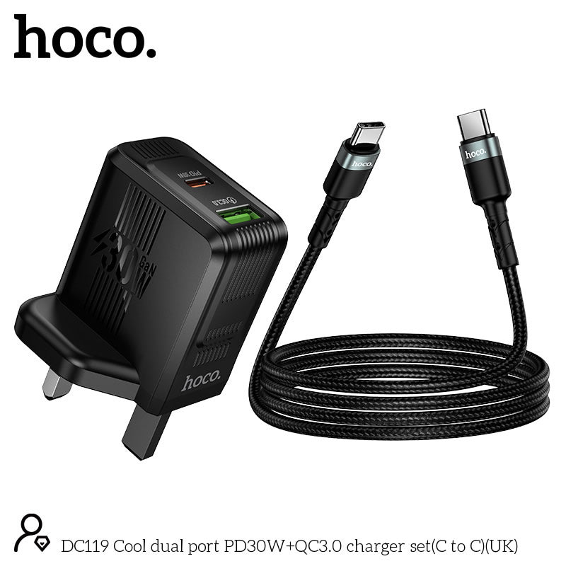 Hoco DC119 Dual Port PD30W + QC3.0 Fast Charger Set (C to C) – UK Plug