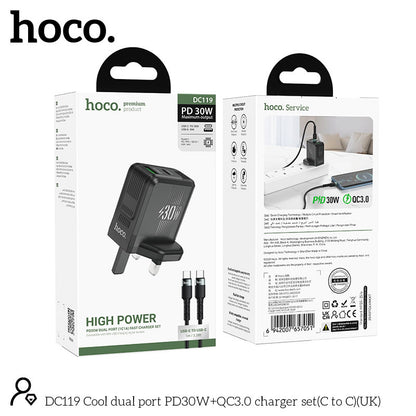 Hoco DC119 Dual Port PD30W + QC3.0 Fast Charger Set (C to C) – UK Plug
