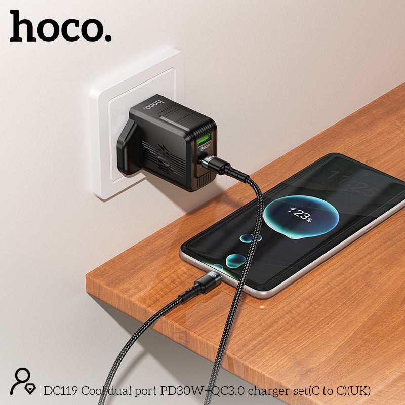 Hoco DC119 Dual Port PD30W + QC3.0 Fast Charger Set (C to C) – UK Plug