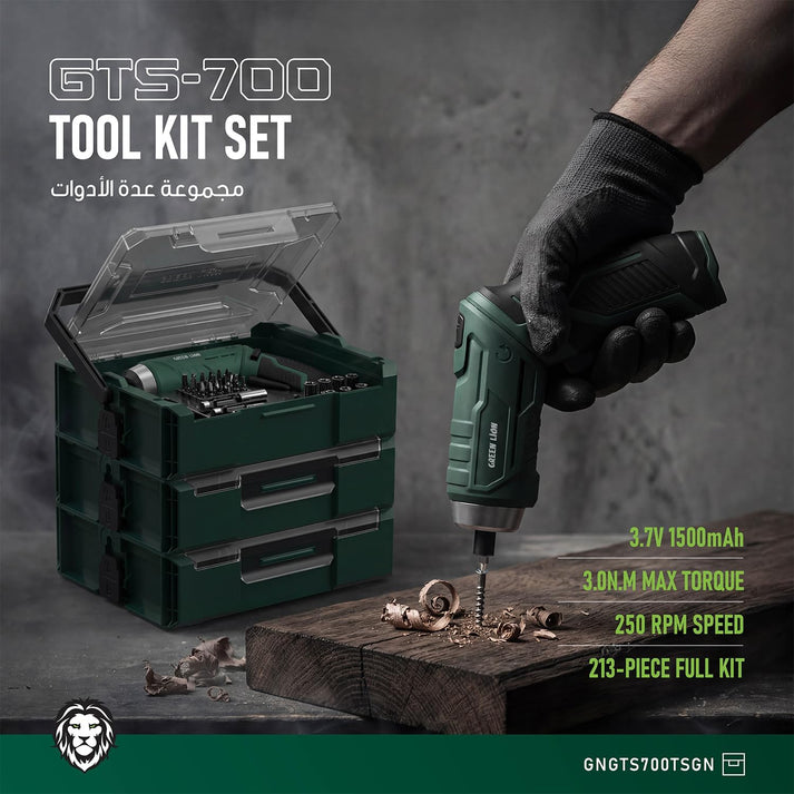 213 - Piece Tool Kit Set Green Lion GTS - 700 Cordless Screwdriver 1500mAh - Black - Saif Al Najmi KwTOOLKITGreen LionSaif Al Najmi Kw213 - Piece Tool Kit Set Green Lion GTS - 700 Cordless Screwdriver 1500mAh - Black