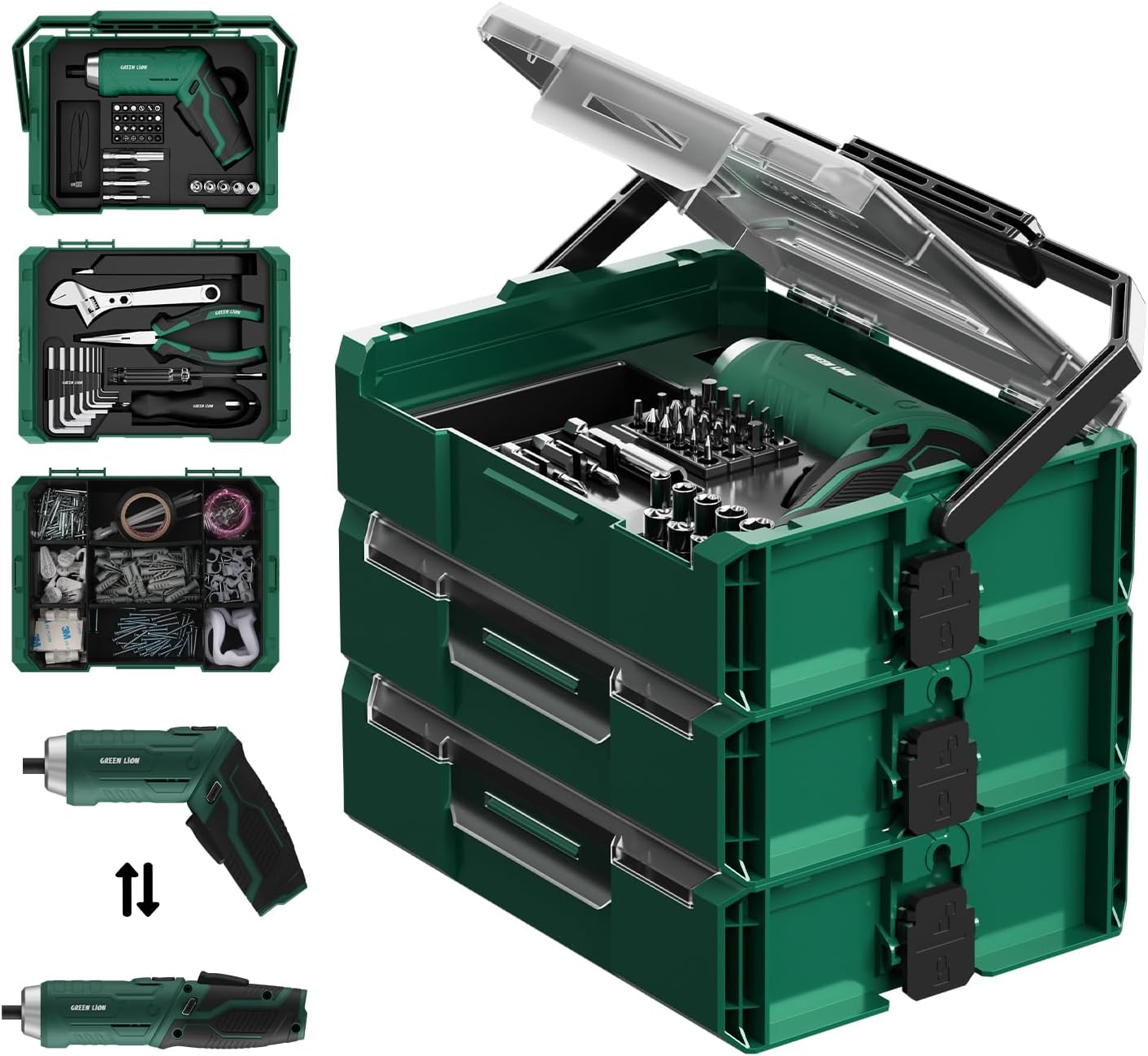 213 - Piece Tool Kit Set Green Lion GTS - 700 Cordless Screwdriver 1500mAh - Black - Saif Al Najmi KwTOOLKITGreen LionSaif Al Najmi Kw213 - Piece Tool Kit Set Green Lion GTS - 700 Cordless Screwdriver 1500mAh - Black