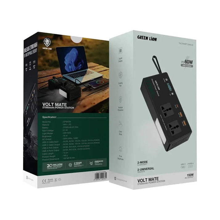 27000mAh Volt Mate Power Station PD 60W AC 150W Green Lion - Black - Saif Al Najmi KwPOWER STATIONGreen LionSaif Al Najmi Kw27000mAh Volt Mate Power Station PD 60W AC 150W Green Lion - Black