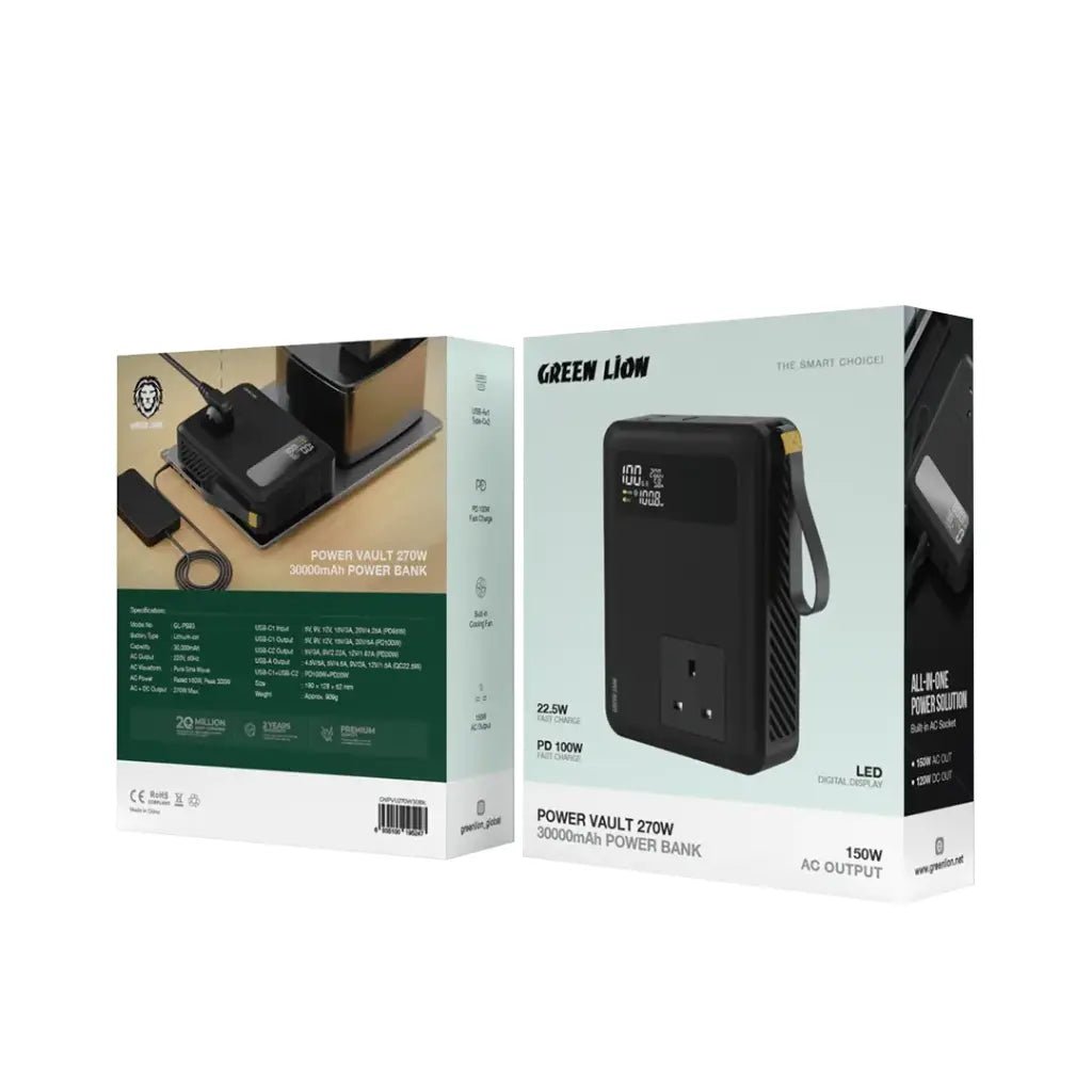 270W Power Bank 30,000mAh Green Lion Power Vault PD 100W AC Output - Black - Saif Al Najmi KwPOWER STATIONGreen LionSaif Al Najmi Kw270W Power Bank 30,000mAh Green Lion Power Vault PD 100W AC Output - Black