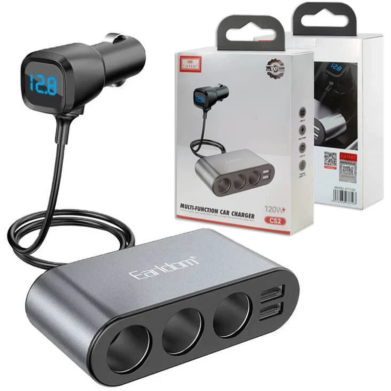 Earldom 120W Dual USB charger 4 in 1 Socket Black Car Phone Charger Lighter ET-CS2 - Saif Al Najmi Kw