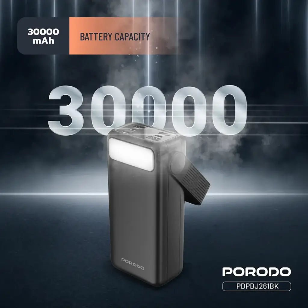 30000mAh Lara Power Bank Built - in Cables Porodo Fast Charge - Black - Saif Al Najmi KwPower BanksPorodoSaif Al Najmi Kw30000mAh Lara Power Bank Built - in Cables Porodo Fast Charge - Black