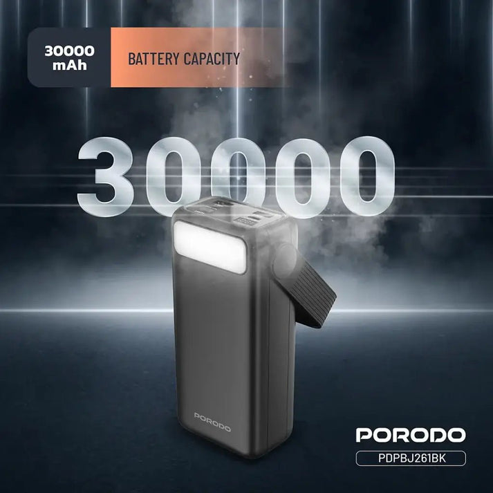 30000mAh Lara Power Bank Built - in Cables Porodo Fast Charge - Black - Saif Al Najmi KwPower BanksPorodoSaif Al Najmi Kw30000mAh Lara Power Bank Built - in Cables Porodo Fast Charge - Black