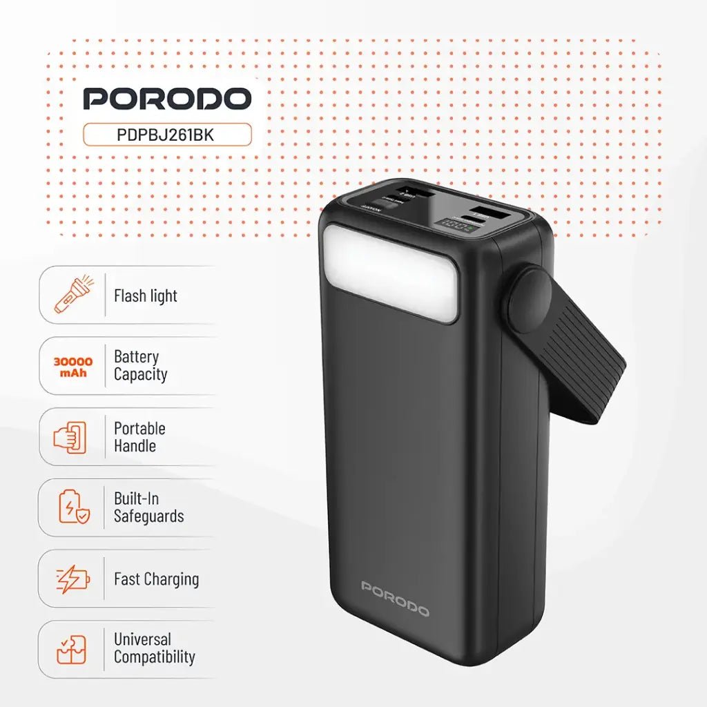 30000mAh Lara Power Bank Built - in Cables Porodo Fast Charge - Black - Saif Al Najmi KwPower BanksPorodoSaif Al Najmi Kw30000mAh Lara Power Bank Built - in Cables Porodo Fast Charge - Black