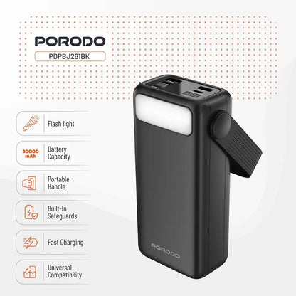 30000mAh Lara Power Bank Built - in Cables Porodo Fast Charge - Black - Saif Al Najmi KwPower BanksPorodoSaif Al Najmi Kw30000mAh Lara Power Bank Built - in Cables Porodo Fast Charge - Black