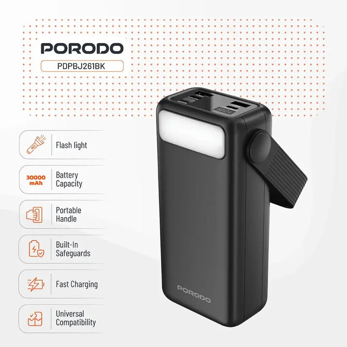 30000mAh Lara Power Bank Built - in Cables Porodo Fast Charge - Black - Saif Al Najmi KwPower BanksPorodoSaif Al Najmi Kw30000mAh Lara Power Bank Built - in Cables Porodo Fast Charge - Black