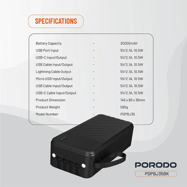 30000mAh Piano Power Bank Built - in Cables 22.5W Fast Charge Porodo - Black - Saif Al Najmi KwPower BanksPorodoSaif Al Najmi Kw30000mAh Piano Power Bank Built - in Cables 22.5W Fast Charge Porodo - Black