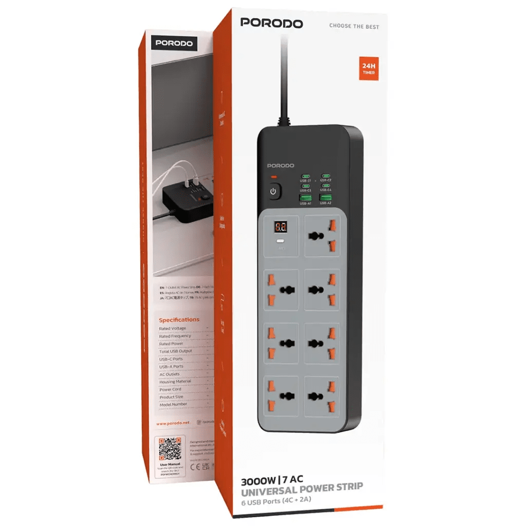 3000W Power Strip Porodo 7AC Universal 6 USB (4C+2A) Fast Charging - Gray - Saif Al Najmi KwExtension Power SocketPorodoSaif Al Najmi Kw3000W Power Strip Porodo 7AC Universal 6 USB (4C+2A) Fast Charging - Gray