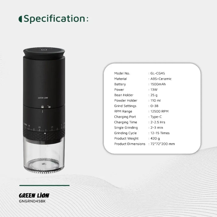 Green Lion Grind Pro Coffee Grinder — Rechargeable 12500 RPM