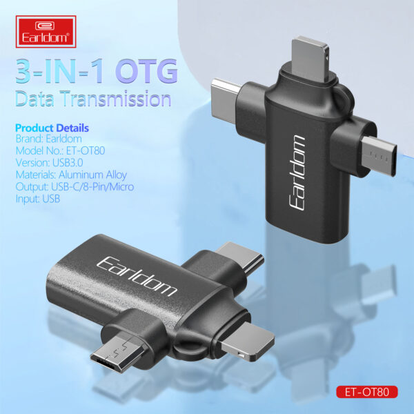 Earldom® 3in1 Converter USB 3.0 OTG to microUSB / Lightning / USB-C- Black OT80 - Saif Al Najmi Kw