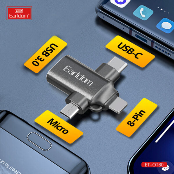 Earldom® 3in1 Converter USB 3.0 OTG to microUSB / Lightning / USB-C- Black OT80 - Saif Al Najmi Kw