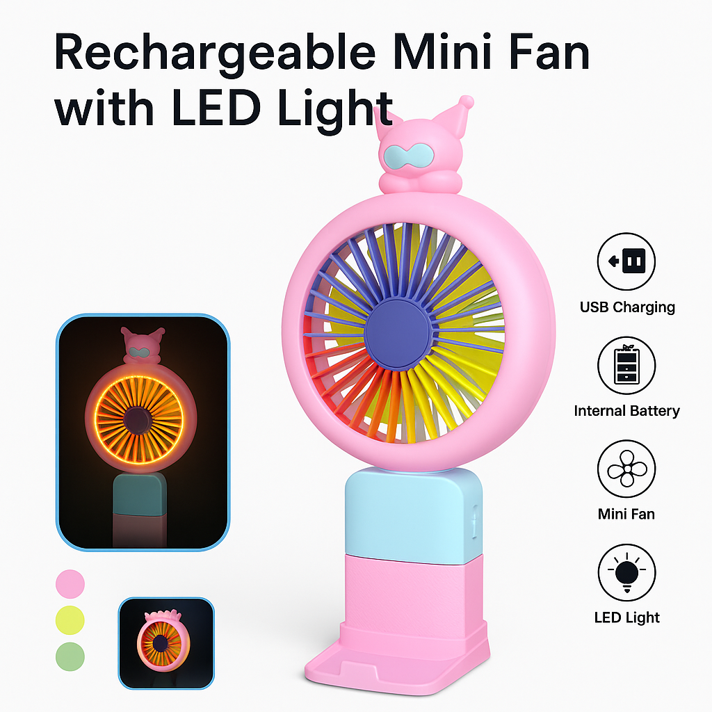 Rechargeable Mini Fan with LED Light – Portable USB Desk & Handheld Fan