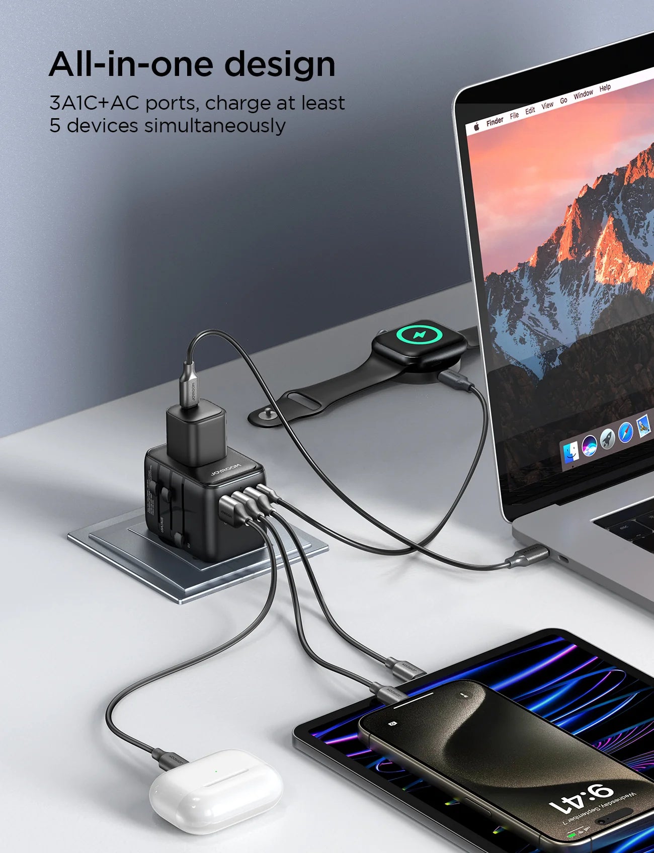 محول سفر عالمي Joyroom بقوة 17 واط مع منافذ USB - أسود (JR-TCW01) 
