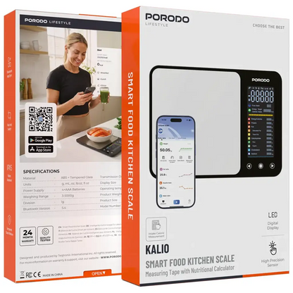 Porodo Kalio Smart Food Kitchen Scale – Nutritional Calculator & Measuring Tape