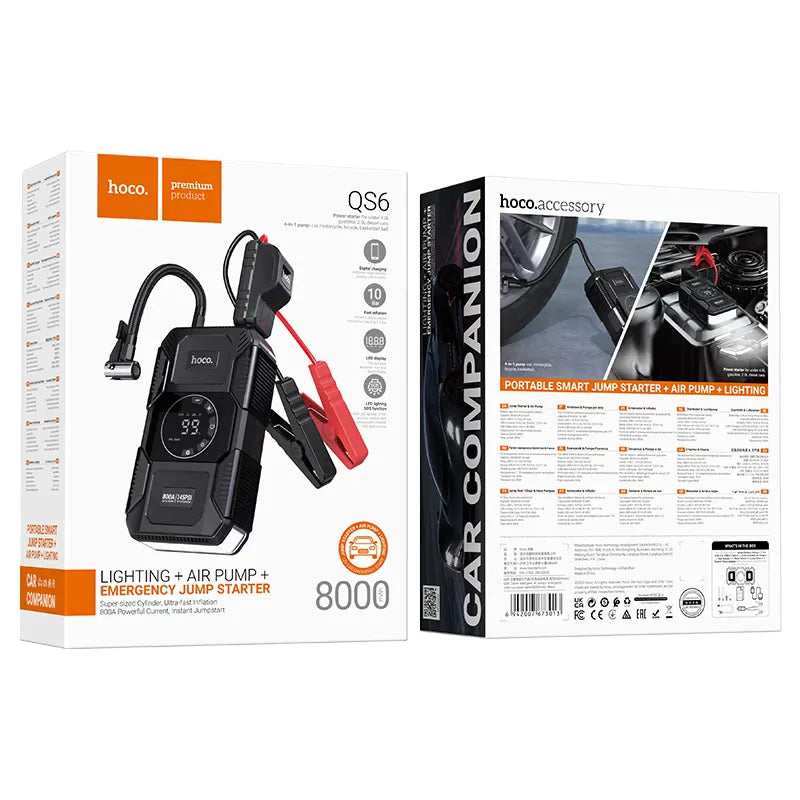 QS6 Clever 8000mAh Jump Starter Power Bank with Air Pump