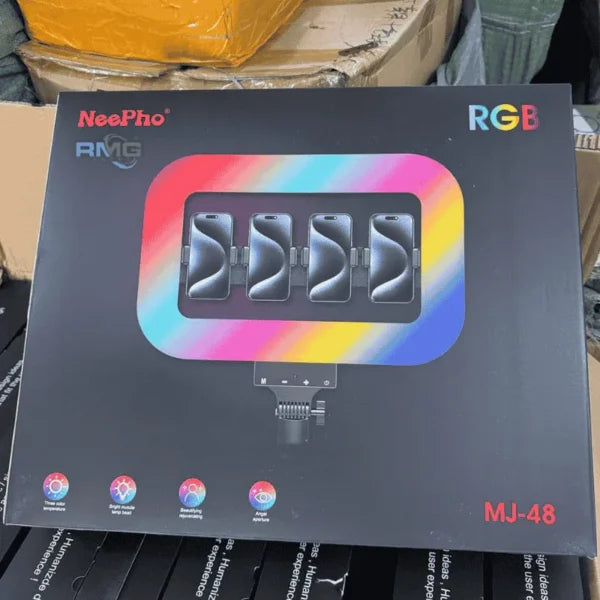 NeePho MJ-48 RGB Square Ring Light – 360° Rotation, 4 Phone Holders